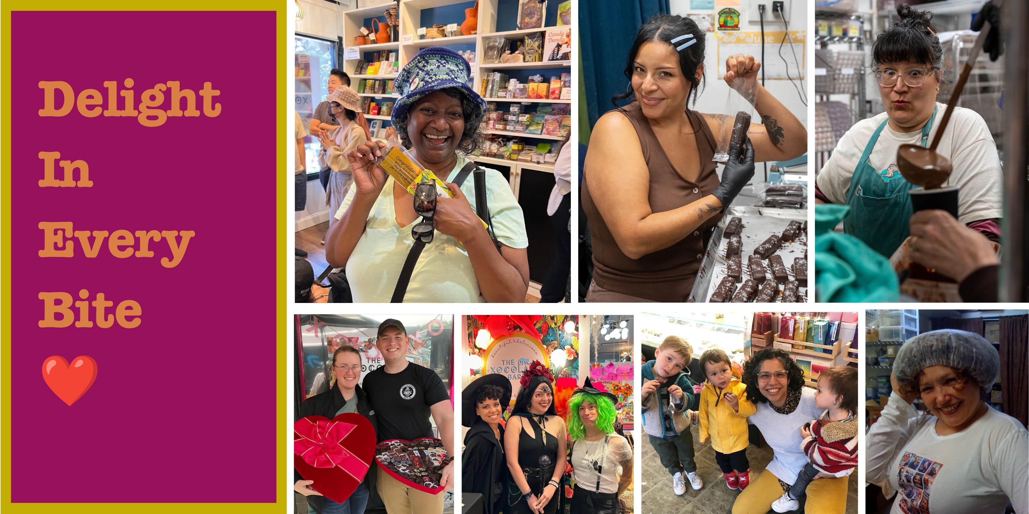 Delight in Every Bite: photographs of happy customers and shared chocolate moments.